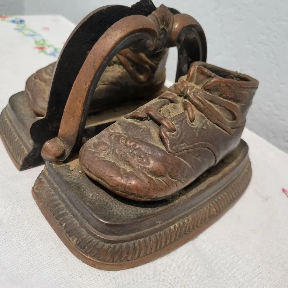Vintage or Antique Baby Shoe Bookends Doorstop Bronze Heavy patina
